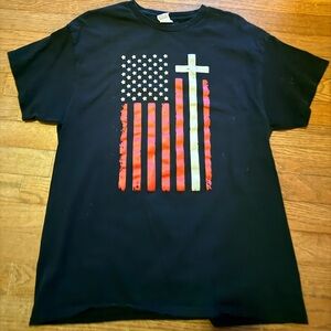 Black Graphic T-Shirt with American Flag and Cross Design